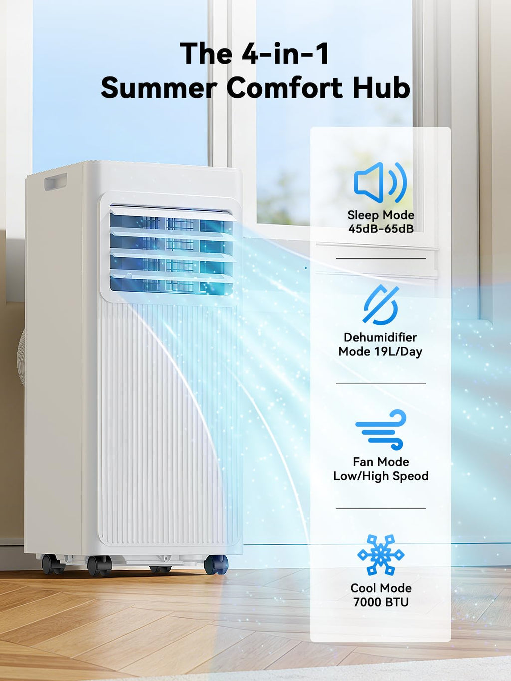 Climatiseur Mobile 4-en-1 7000 BTU – Déshumidificateur 19L, Minuterie 24H, Classe A