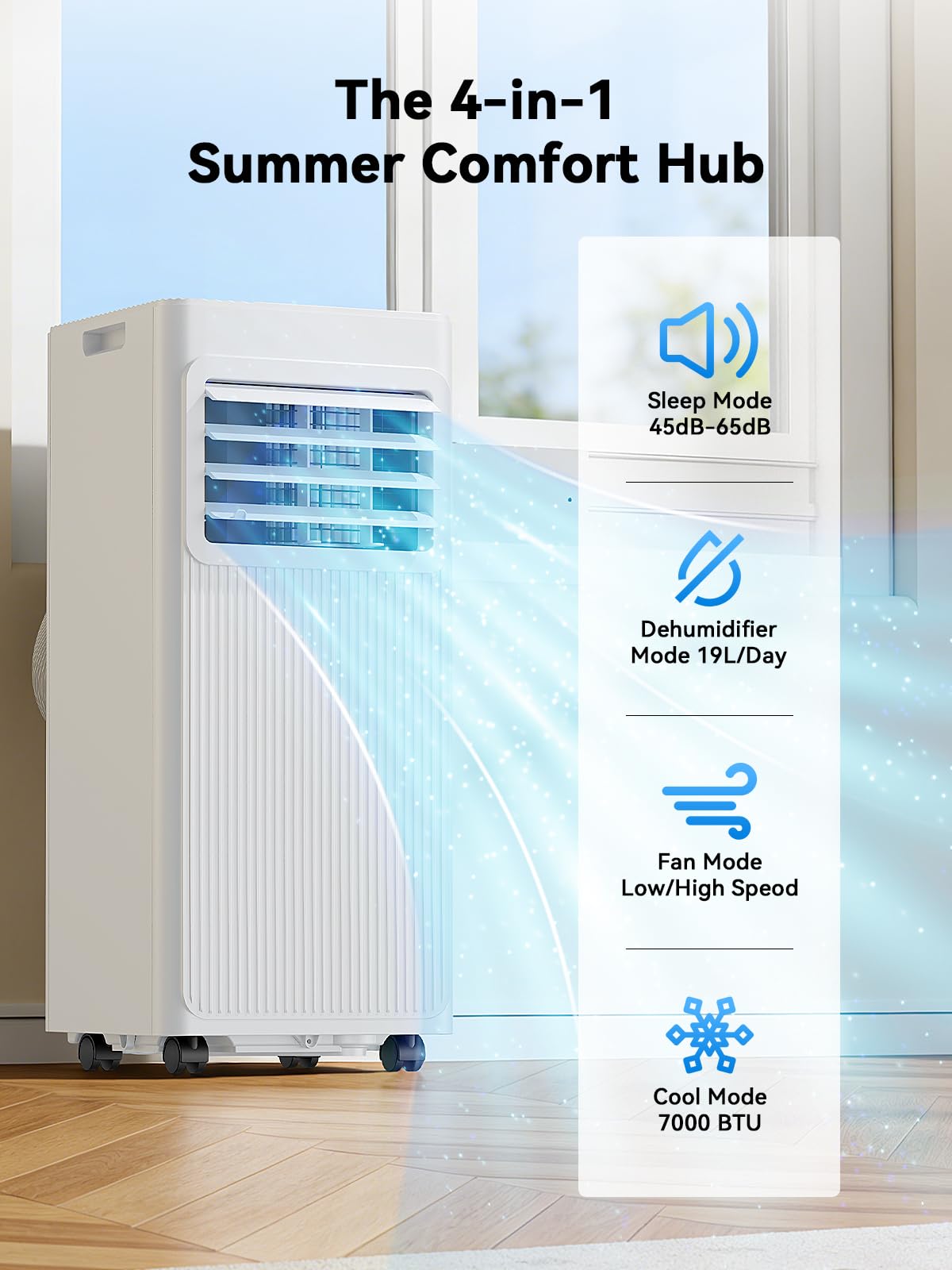 Climatiseur Mobile 4-en-1 7000 BTU – Déshumidificateur 19L, Minuterie 24H, Classe A