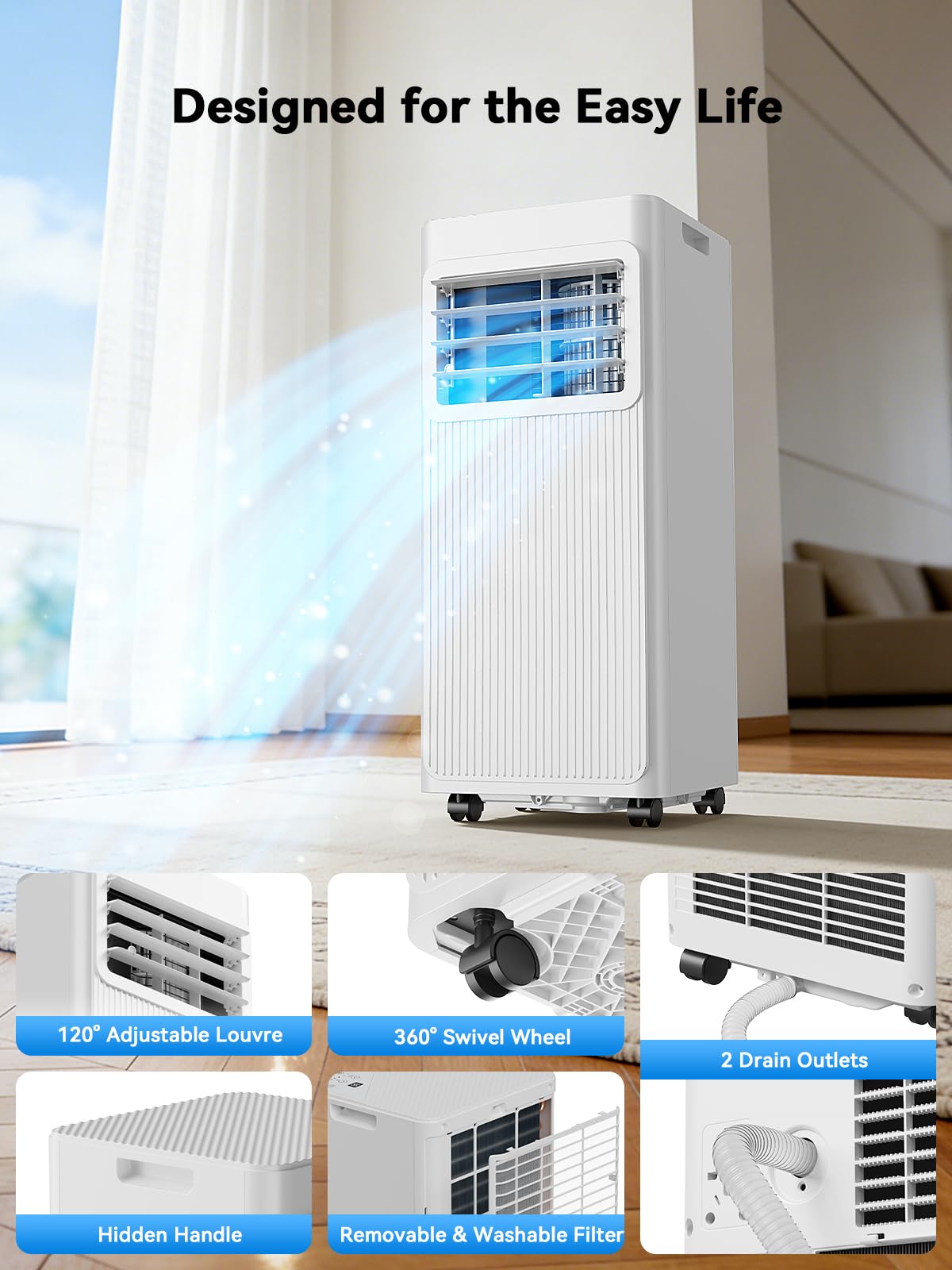 Climatiseur Mobile 4-en-1 7000 BTU – Déshumidificateur 19L, Minuterie 24H, Classe A