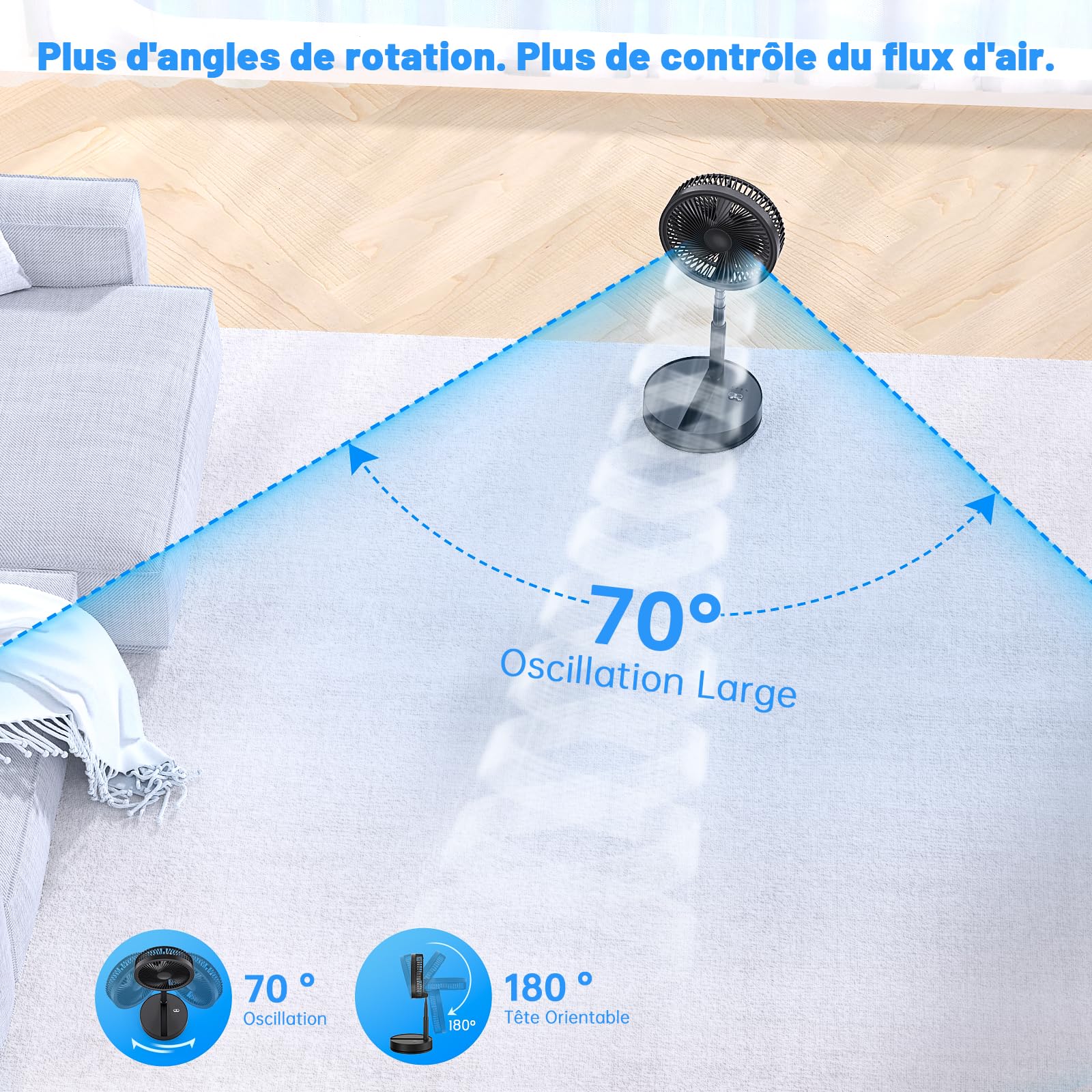 Ventilateur sur Pied Portable 8000mAh – Pliable, 4 Vitesses & Télécommande