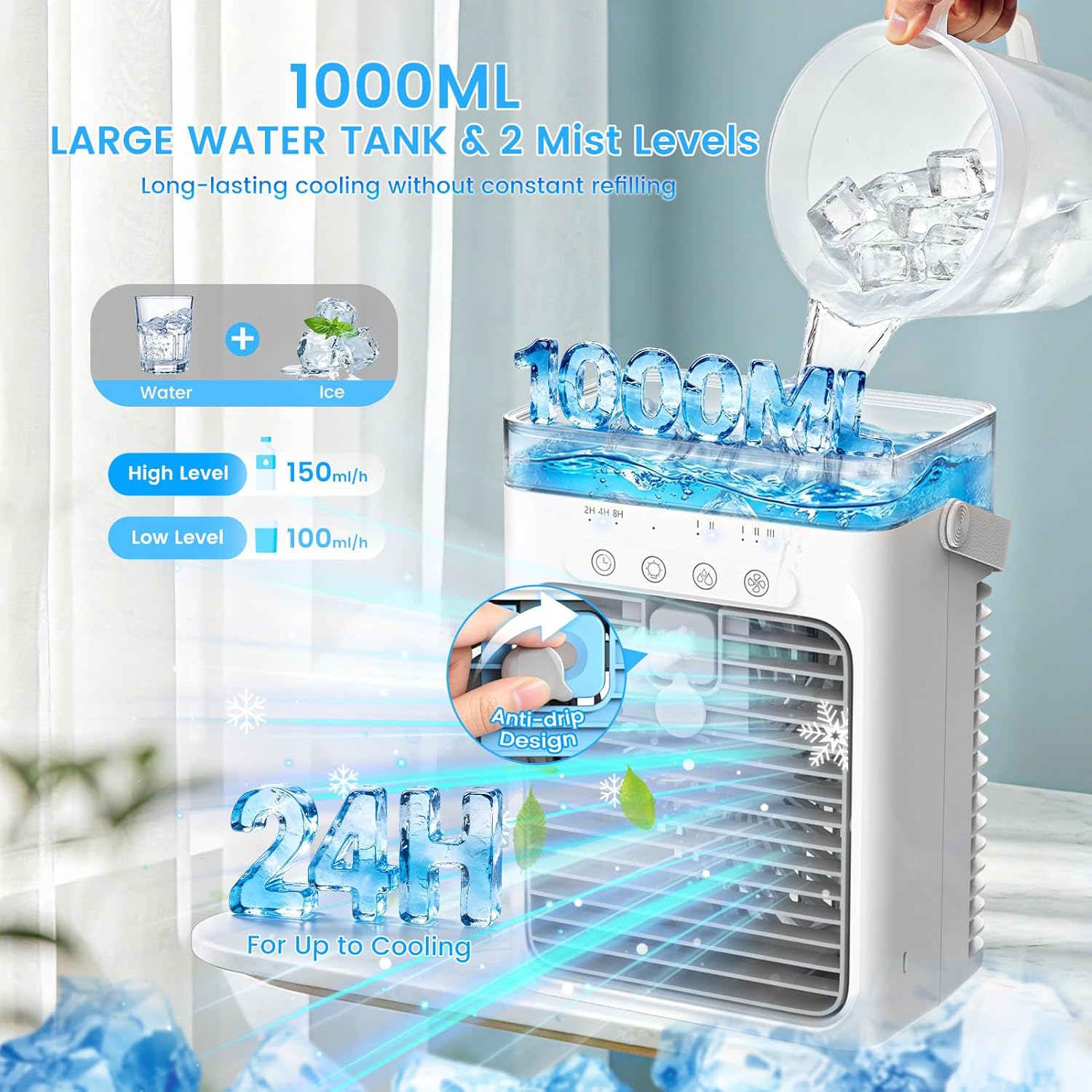 Mini Climatiseur Portable 4-en-1 USB – Réservoir 1000ml, Brume & Lumière