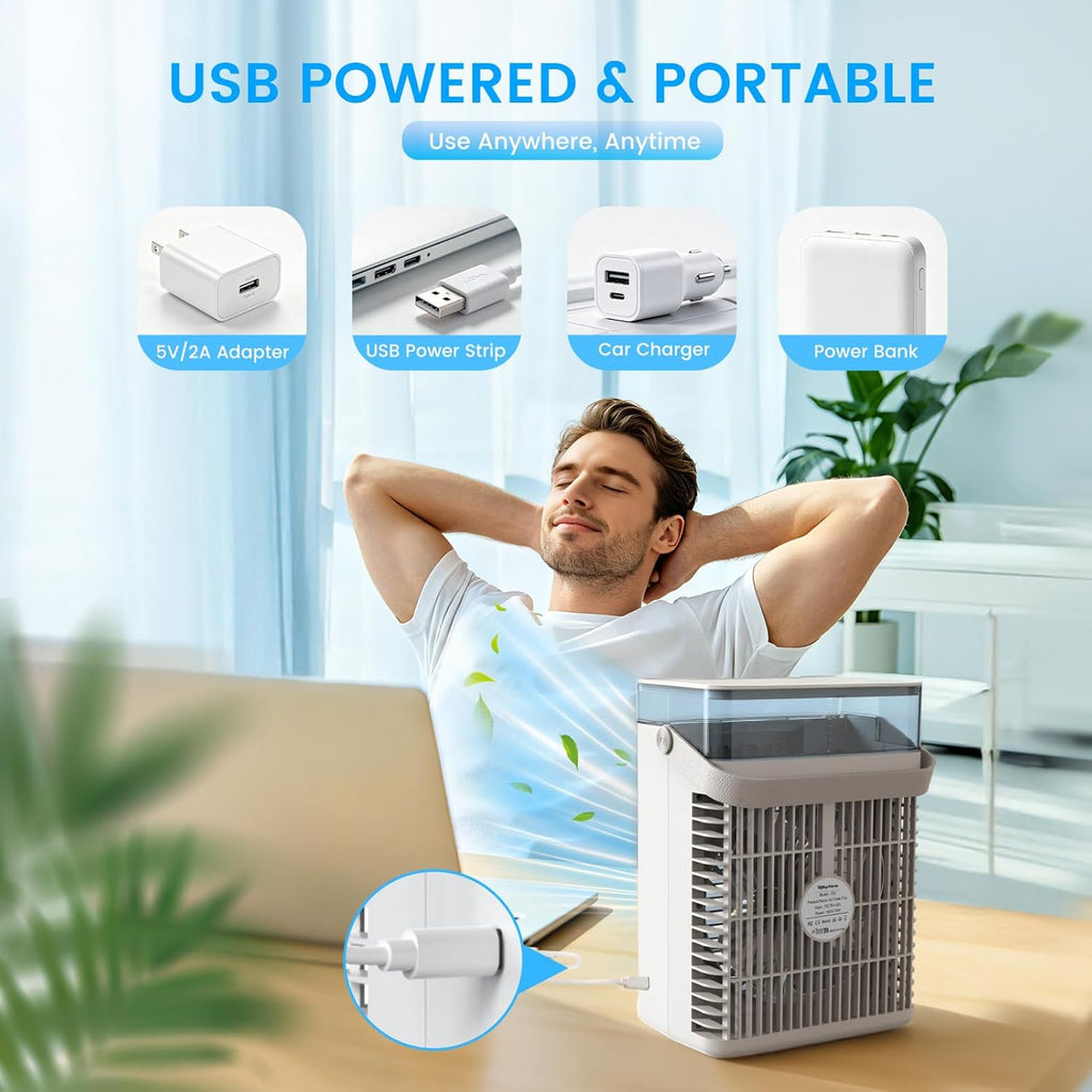 Mini Climatiseur Portable 4-en-1 USB – Réservoir 1000ml, Brume & Lumière