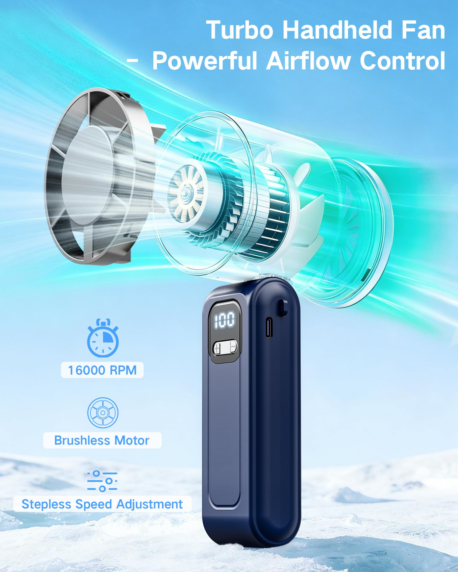 Ventilateur Turbo Portable 16000rpm – 5000mAh USB-C, 100 Vitesses, Écran LED