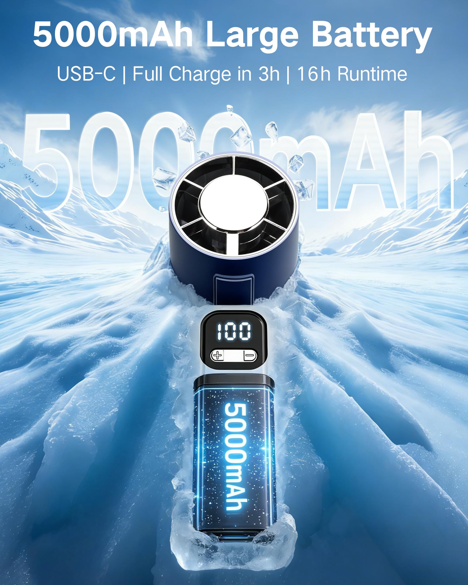 Ventilateur Turbo Portable 16000rpm – 5000mAh USB-C, 100 Vitesses, Écran LED