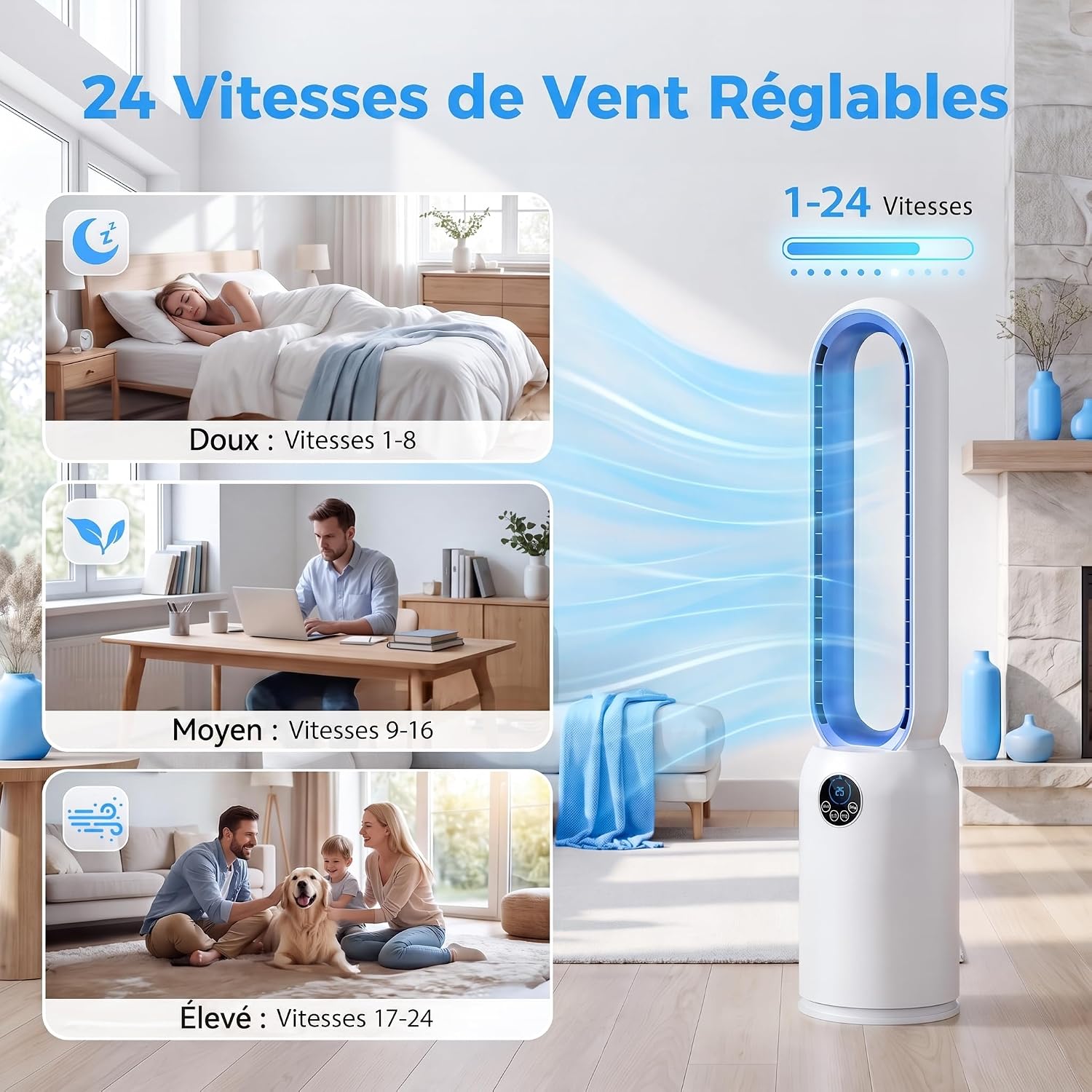 Ventilateur Colonne sans Pale 24 Vitesses – Purificateur HEPA & Minuterie 12H