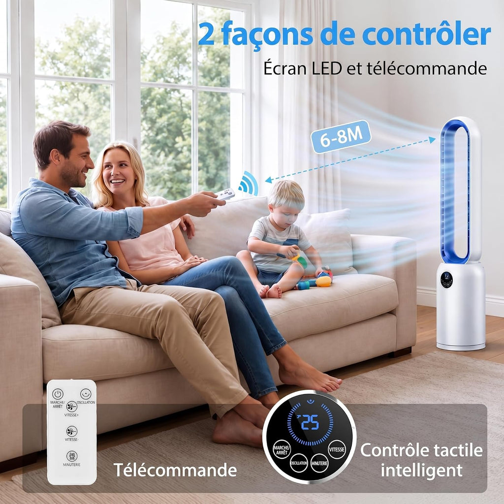 Ventilateur Colonne sans Pale 24 Vitesses – Purificateur HEPA & Minuterie 12H