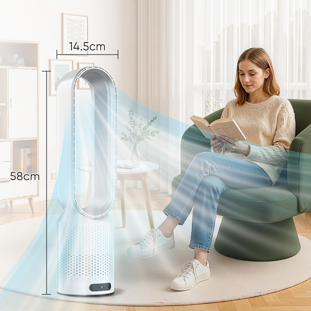 Ventilateur Tour sans Pale 2-en-1 – Purificateur HEPA, 8 Vitesses & Télécommande