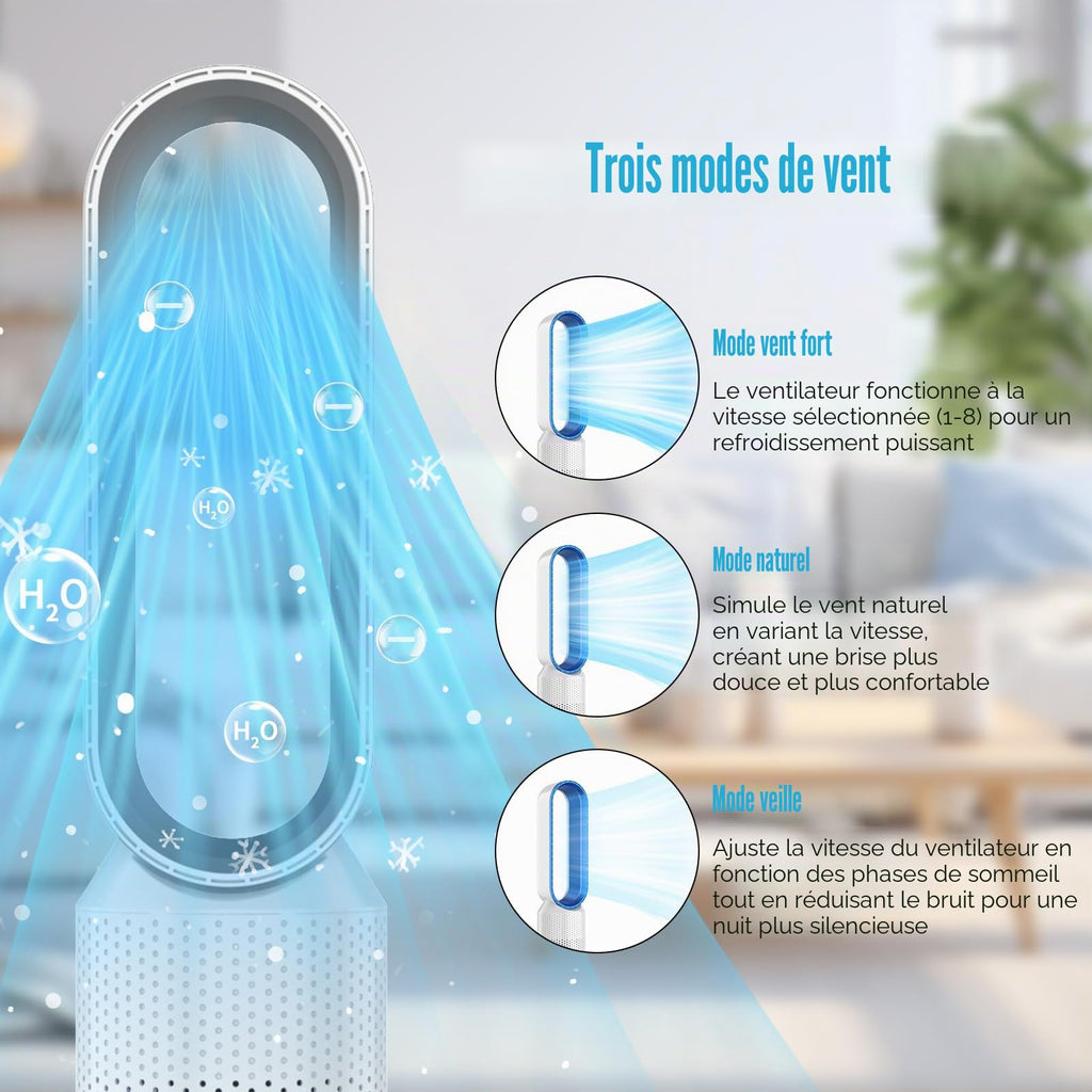 Ventilateur Tour sans Pale 2-en-1 – Purificateur HEPA, 8 Vitesses & Télécommande