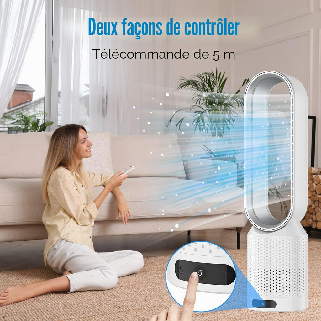 Ventilateur Tour sans Pale 2-en-1 – Purificateur HEPA, 8 Vitesses & Télécommande