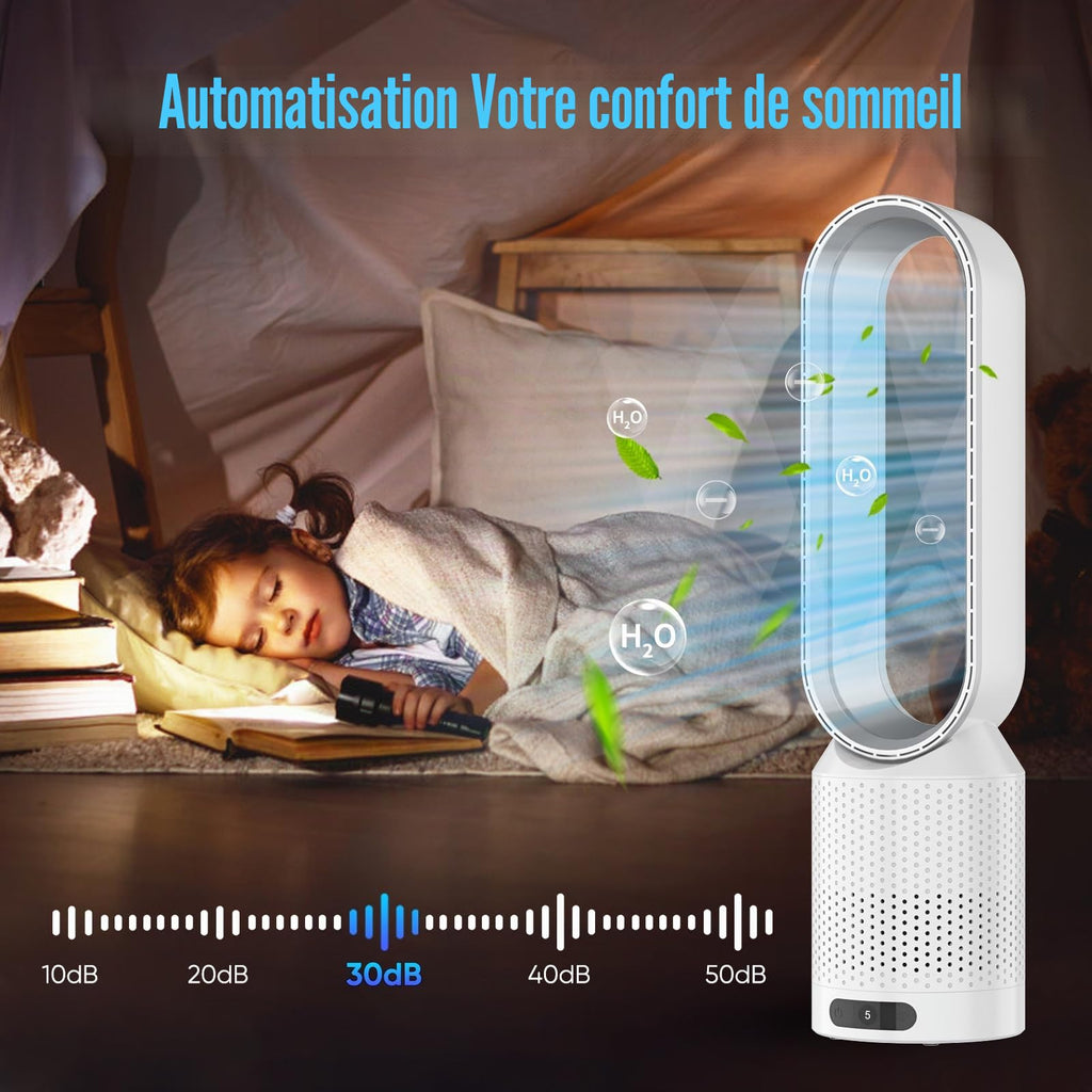 Ventilateur Tour sans Pale 2-en-1 – Purificateur HEPA, 8 Vitesses & Télécommande
