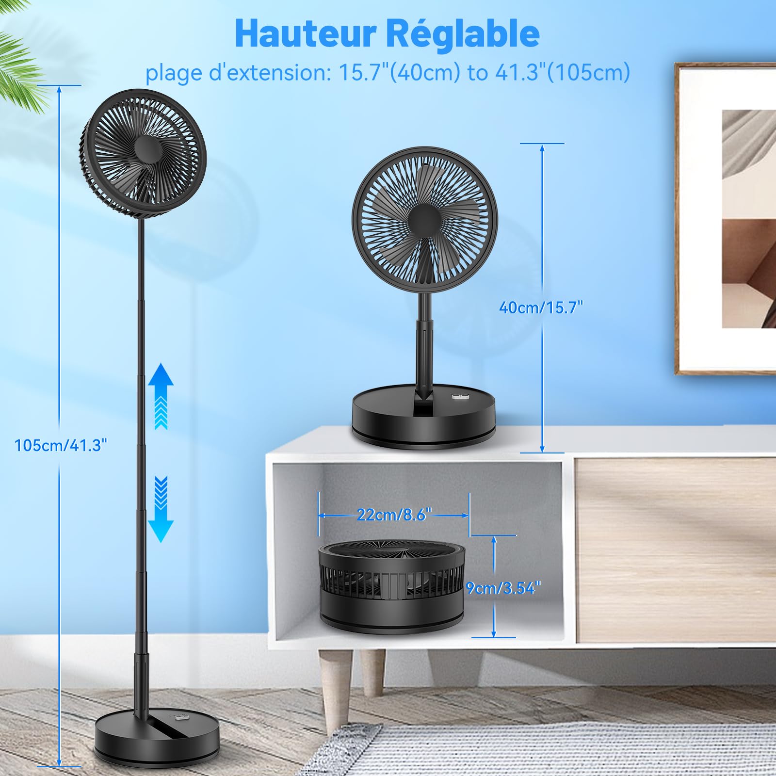 Ventilateur sur Pied Portable 8000mAh – Pliable, 4 Vitesses & Télécommande